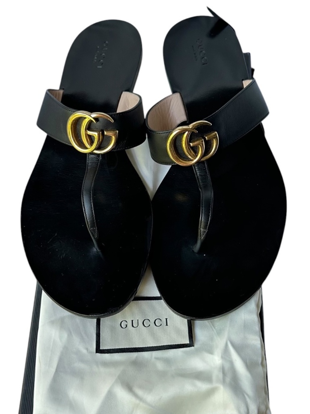 GUCCI Lifford Black Leather Thong Sandals Logo Women Size 42 11.5 US